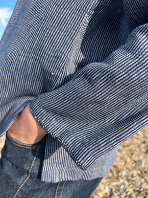 Lined v-neck top in indigo stripe khadi