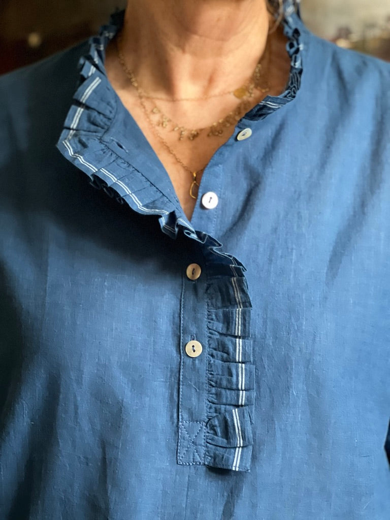 Frill detail long back shirt in chambray indigo khadi cotton