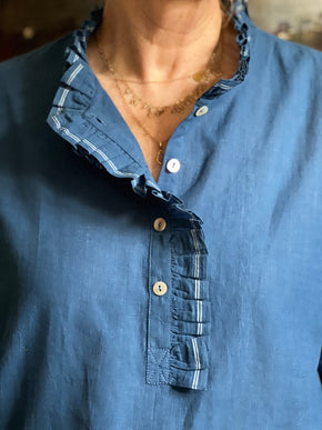 Frill detail long back shirt in chambray indigo khadi cotton