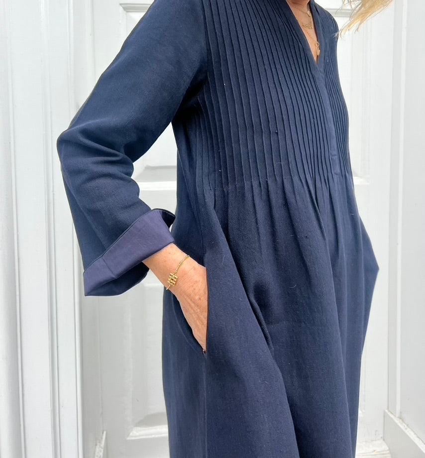 Pintuck dress in deep indigo wool cotton *one remaining in M