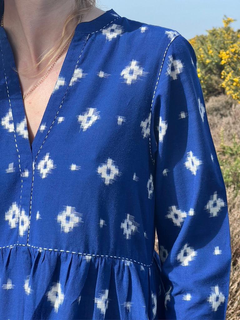 Running stitch dress in indigo ikat