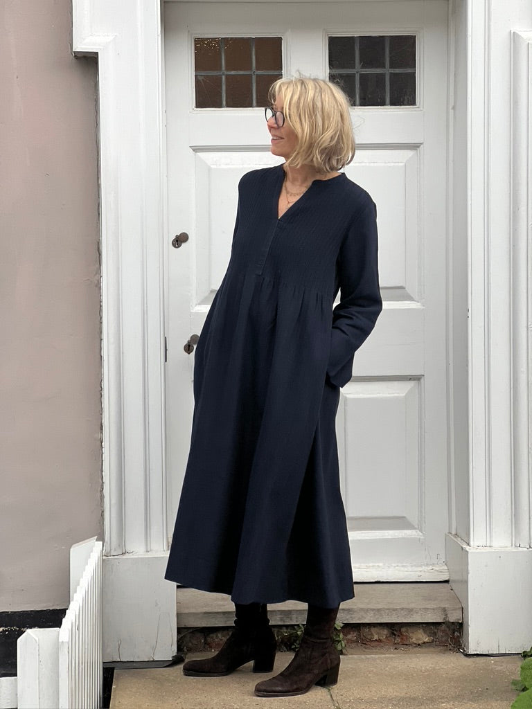 Pintuck dress in deep indigo wool cotton *one remaining in M