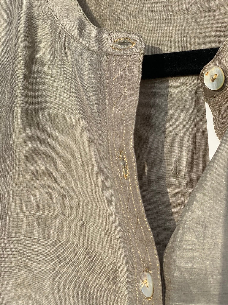 Handloom silk long back shirt in pale khaki