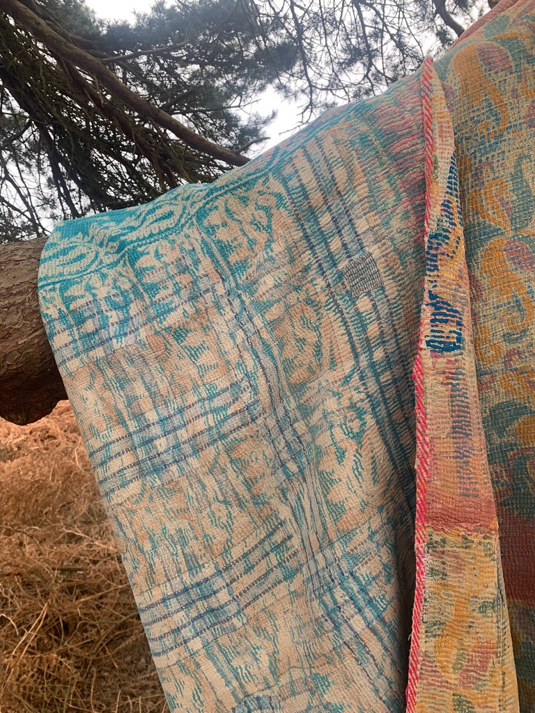 Vintage Kantha Quilt in soft blues and apricot hues