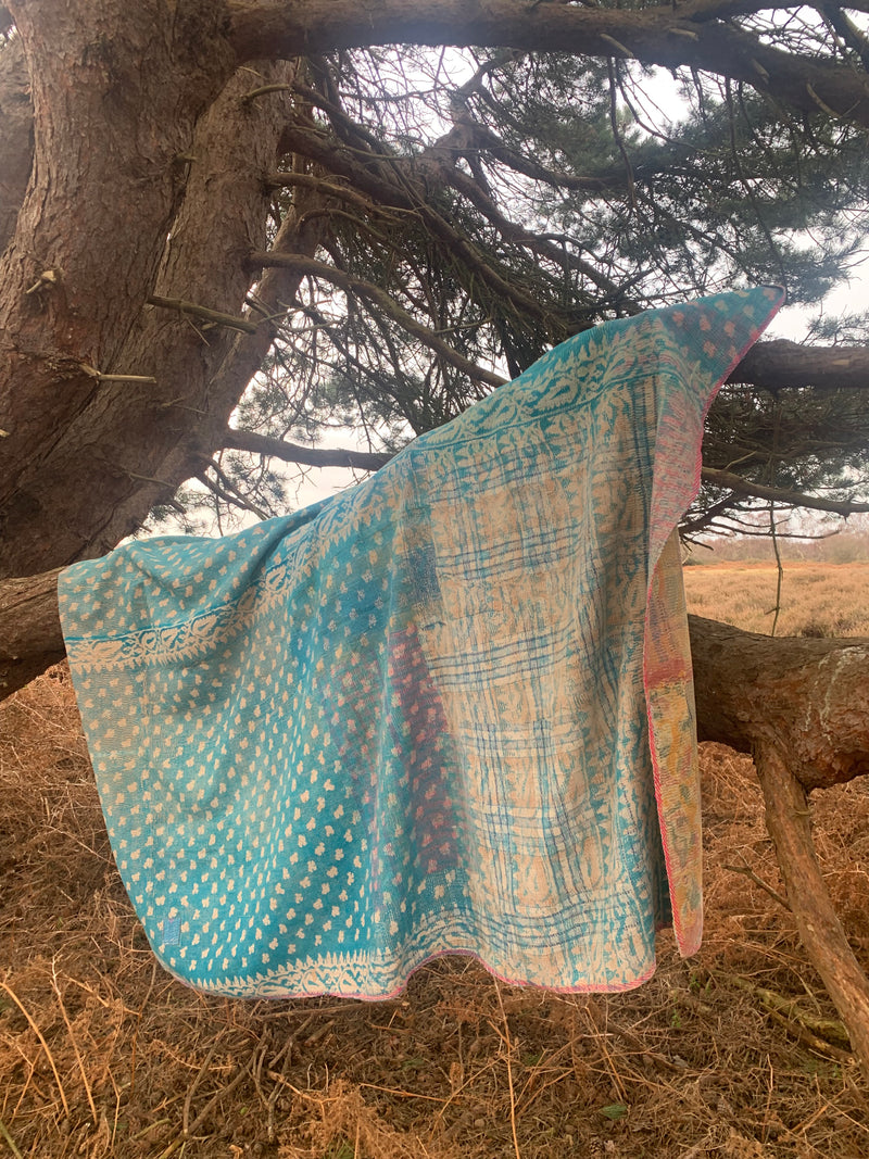 Vintage Kantha Quilt in soft blues and apricot hues