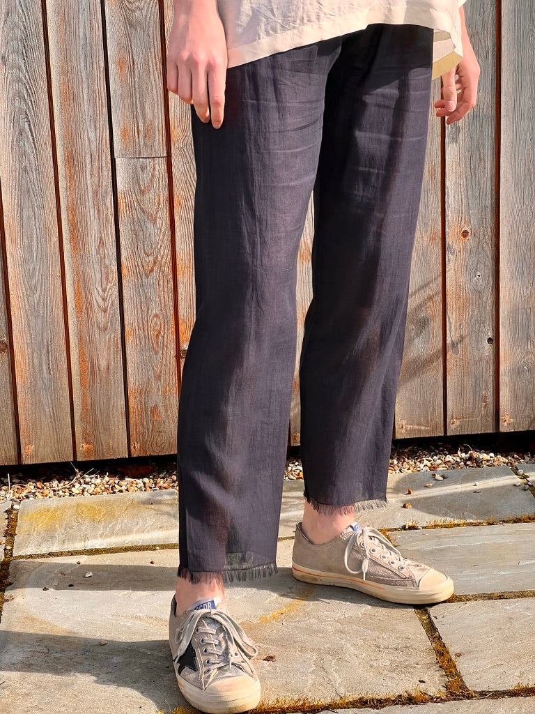 Black fringe hem fine cotton elastic waist trousers *one pair remaining XS
